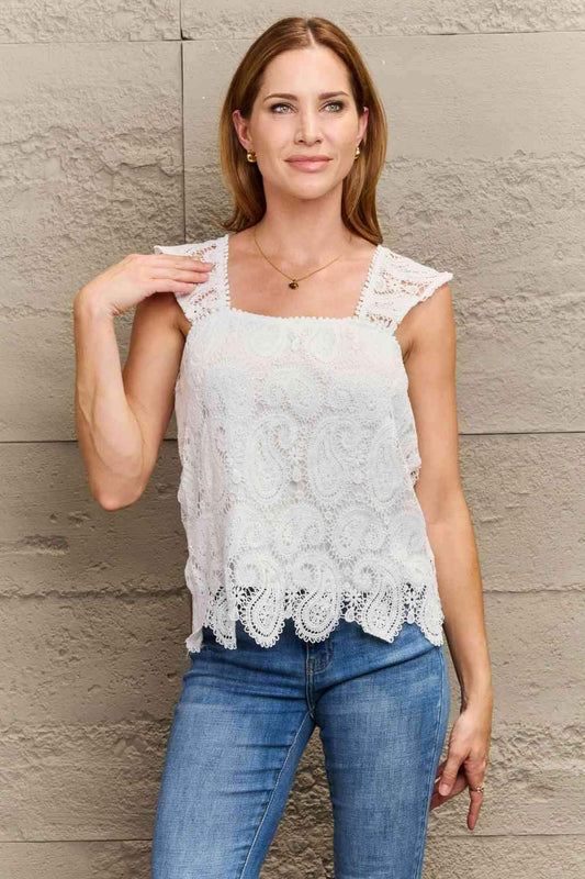 Paisley Lace Detail Square Neck Tank Top in White - tops photo