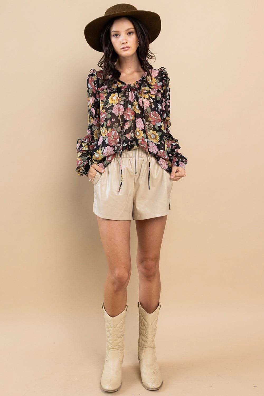 Ces Femme Ruffle Trim Long Sleeve Floral Blouse - SwagglyLife Home & Fashion