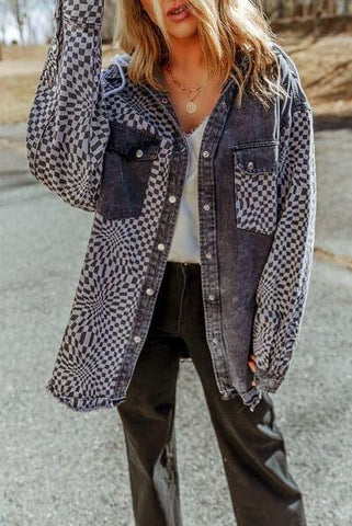 Checkmate Plaid Snap Down Raw Hem Drawstring Hooded Jacket - SwagglyLife Home & Fashion