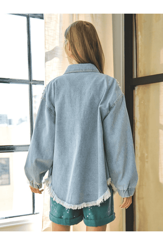 Collared Neck Raw Hem Dropped Shoulder Denim Jacket - SwagglyLife Home & Fashion