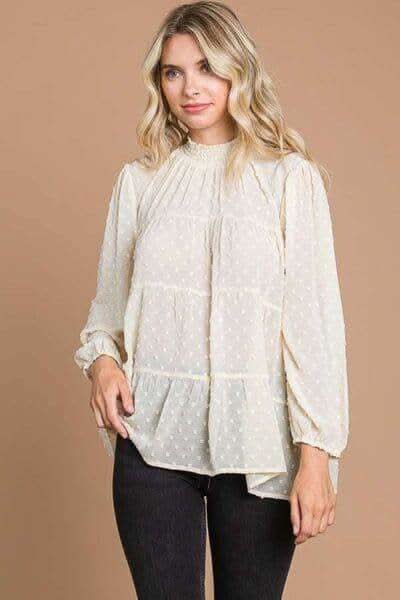 Culture Code Full Size Swiss Dot Smocked Mock Neck Blouse in IVORY CREAM - Shirts & Tops photo