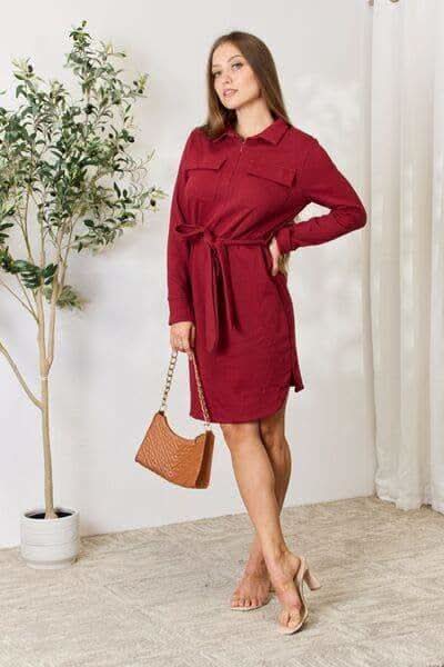 Culture Code Full Size Tie Front Half Zip Long Sleeve Shirt Dress - SwagglyLife Home & Fashion