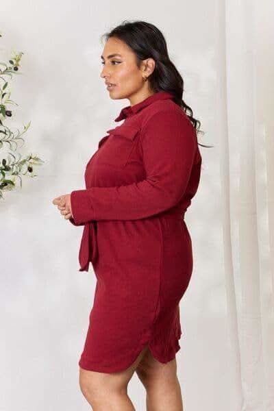 Culture Code Full Size Tie Front Half Zip Long Sleeve Shirt Dress - SwagglyLife Home & Fashion