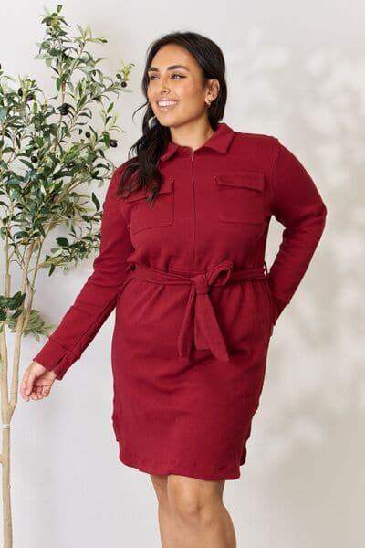 Culture Code Full Size Tie Front Half Zip Long Sleeve Shirt Dress - SwagglyLife Home & Fashion