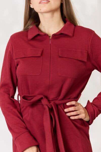 Culture Code Full Size Tie Front Half Zip Long Sleeve Shirt Dress - SwagglyLife Home & Fashion