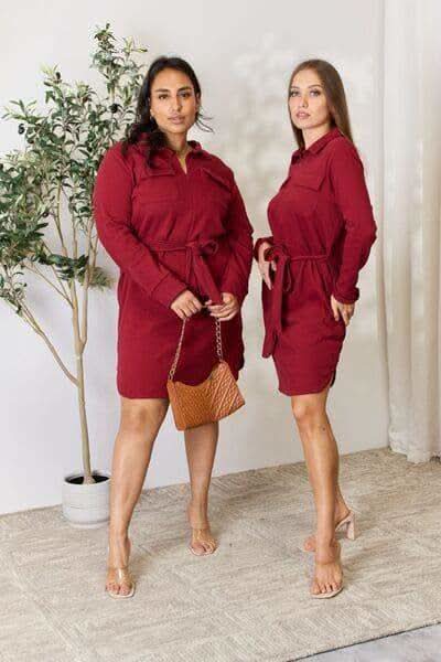 Culture Code Full Size Tie Front Half Zip Long Sleeve Shirt Dress - SwagglyLife Home & Fashion