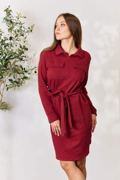 Culture Code Full Size Tie Front Half Zip Long Sleeve Shirt Dress - SwagglyLife Home & Fashion