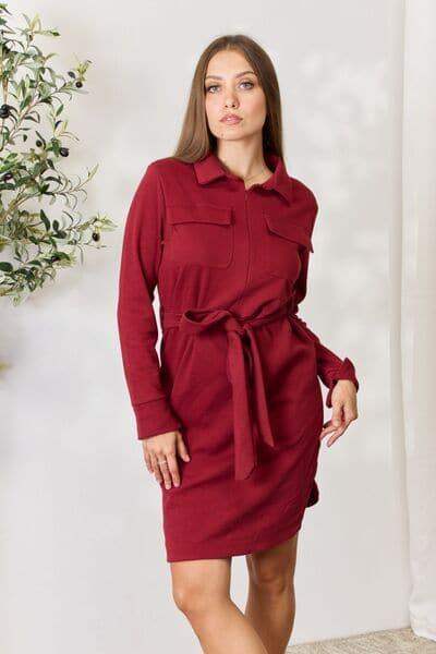 Culture Code Full Size Tie Front Half Zip Long Sleeve Shirt Dress - SwagglyLife Home & Fashion