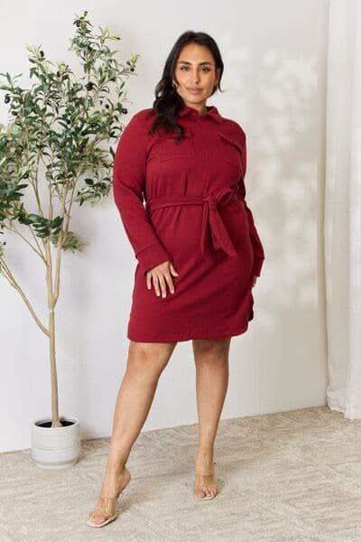 Culture Code Full Size Tie Front Half Zip Long Sleeve Shirt Dress - SwagglyLife Home & Fashion
