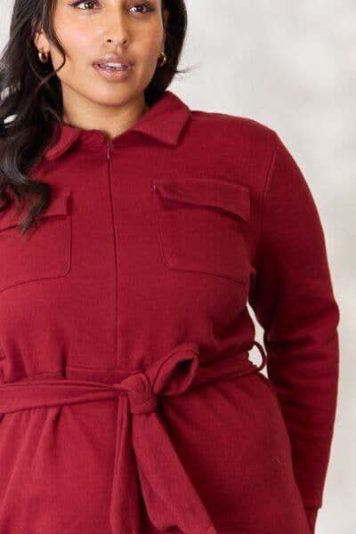 Culture Code Full Size Tie Front Half Zip Long Sleeve Shirt Dress - SwagglyLife Home & Fashion