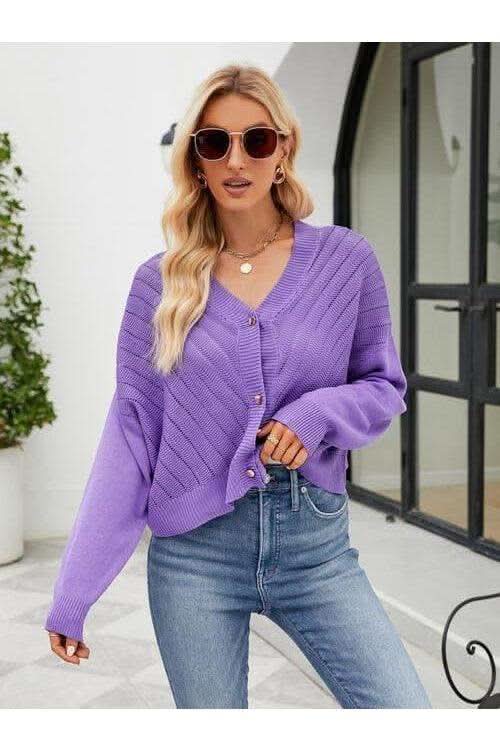 Dana Eyelet Button Front Long Sleeve Cardigan in Purple - Shirts & Tops photo