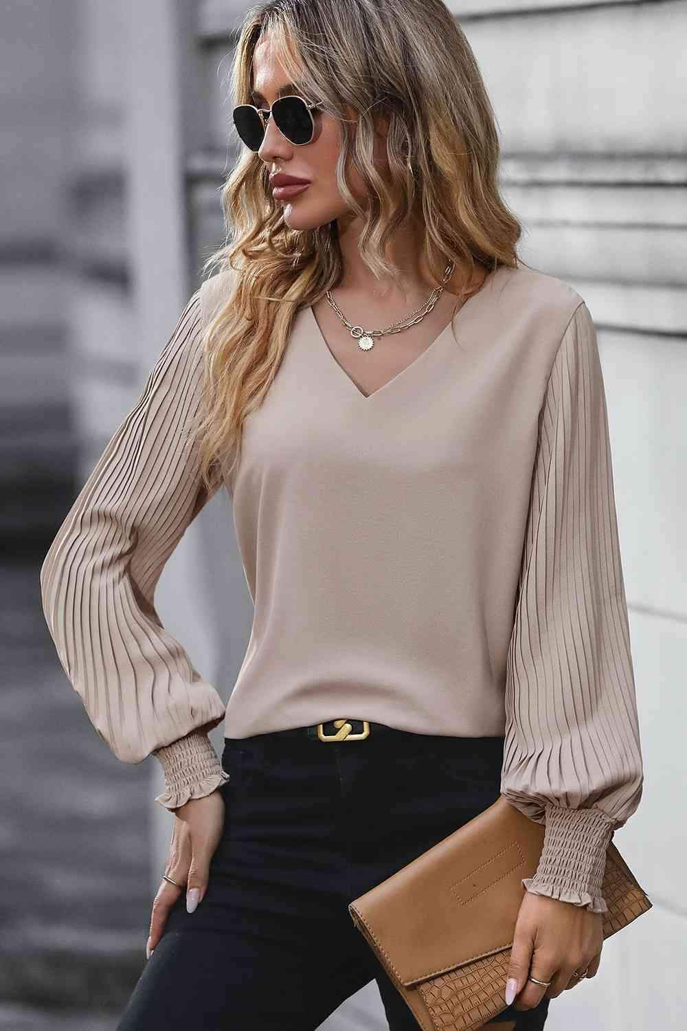 Dana Pleated Lantern Sleeve V-Neck Blouse - SwagglyLife Home & Fashion