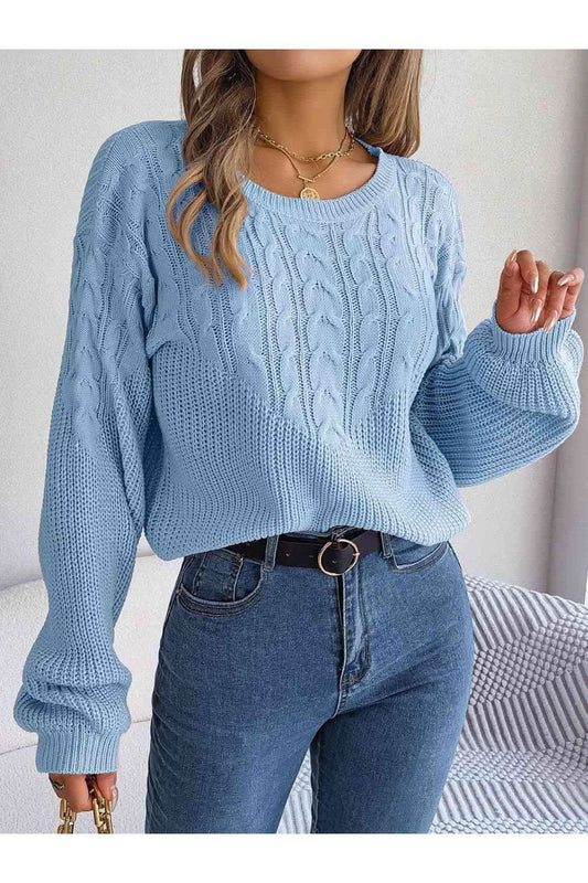 Dede Cable-Knit Round Neck Drop Shoulder Sweater in Misty Blue - Shirts & Tops photo