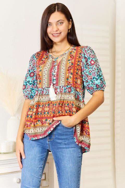 Double Take Bohemian Tassel Tie Puff Sleeve Babydoll Blouse in - Shirts & Tops photo