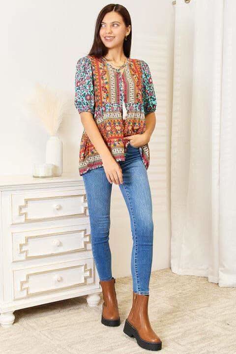 Double Take Bohemian Tassel Tie Puff Sleeve Babydoll Blouse in - Shirts & Tops photo