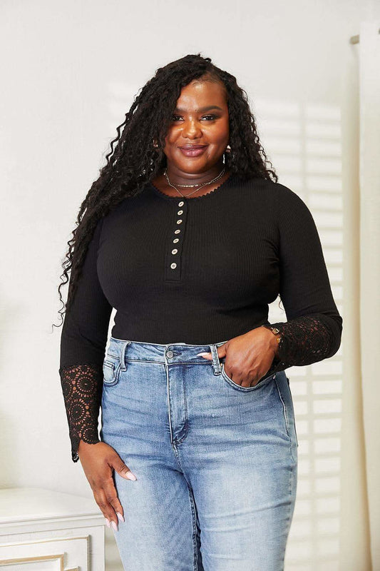 Double Take Crochet Lace Hem Sleeve Button Top in Black - Shirts & Tops photo