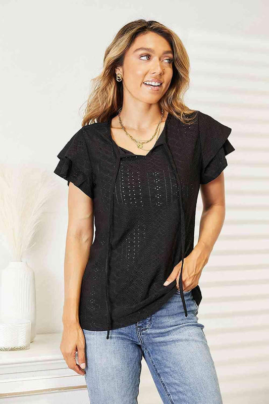 Double Take Eyelet Tie-Neck Flutter Sleeve Blouse in Black - photo