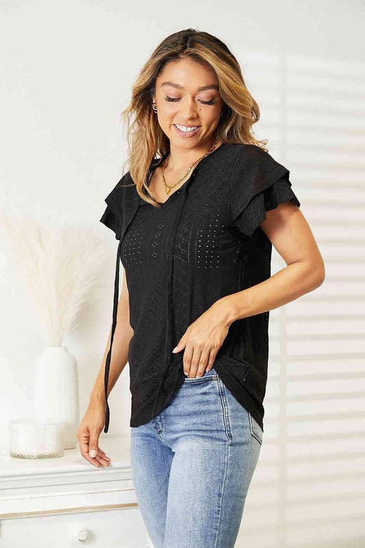 Double Take Eyelet Tie-Neck Flutter Sleeve Blouse in - photo