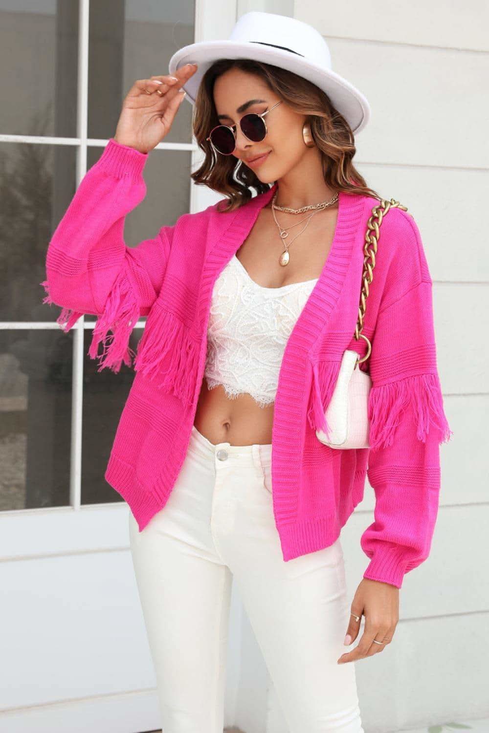 Double Take Fringe Trim Open Front Cardigan, 2 Colors - SwagglyLife Home & Fashion