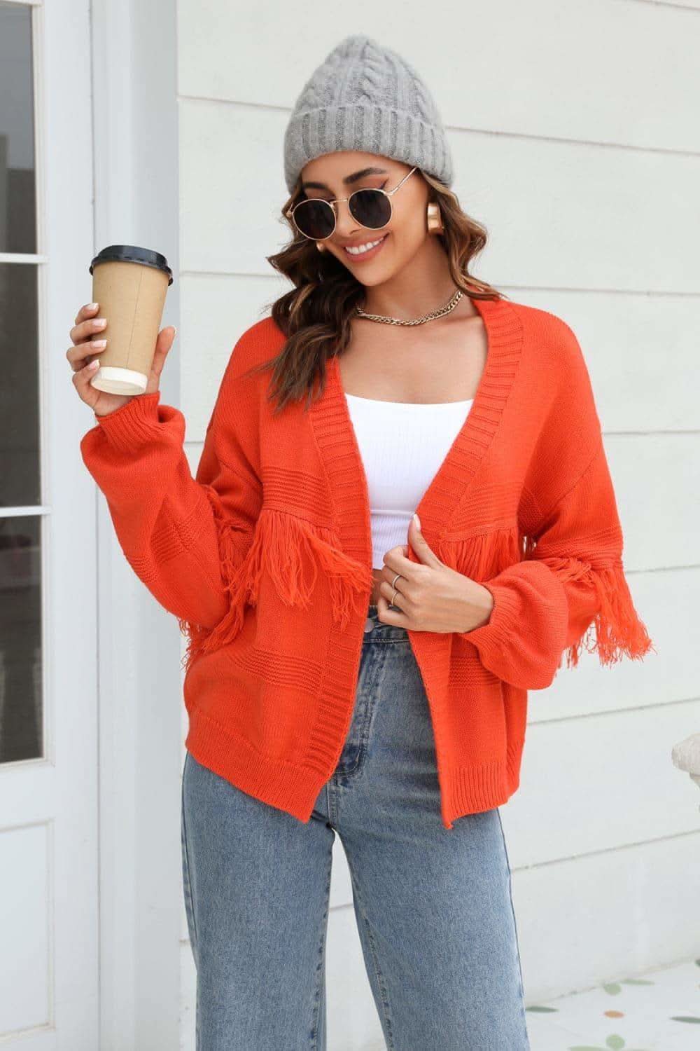 Double Take Fringe Trim Open Front Cardigan, 2 Colors - SwagglyLife Home & Fashion