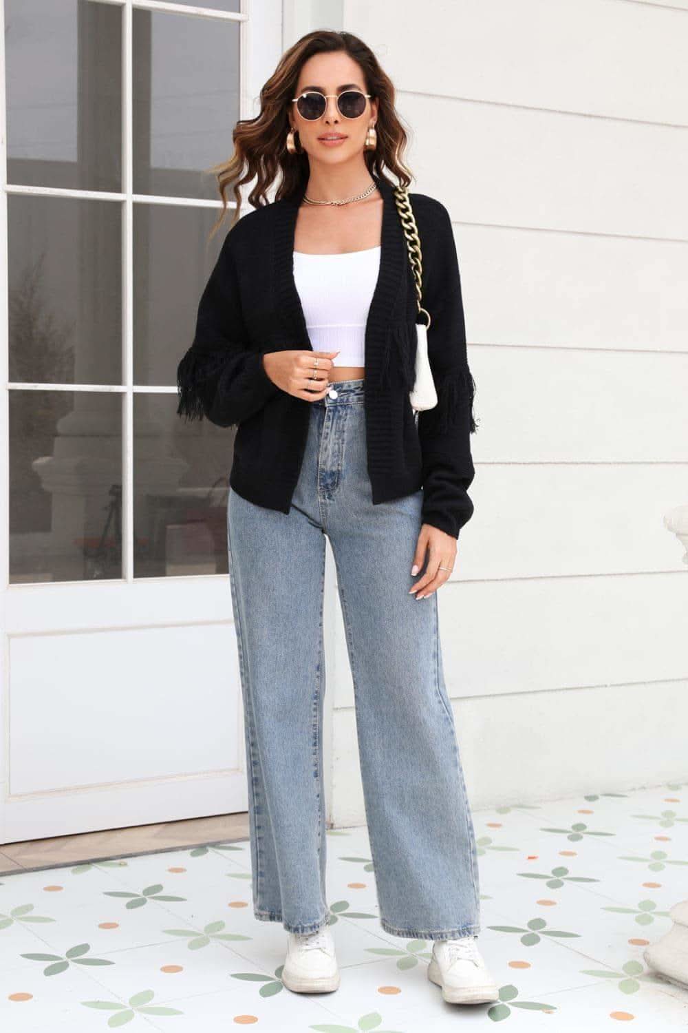 Double Take Fringe Trim Open Front Cardigan, 2 Colors - SwagglyLife Home & Fashion