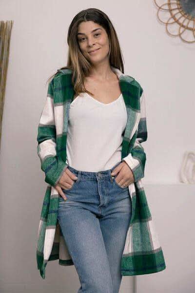 Double Take Full Size Plaid Button Up Lapel Collar Coat - SwagglyLife Home & Fashion