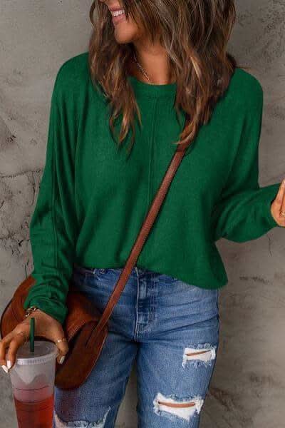 Double Take Full Size Round Neck Long Sleeve T-Shirt in Green - Shirts & Tops photo