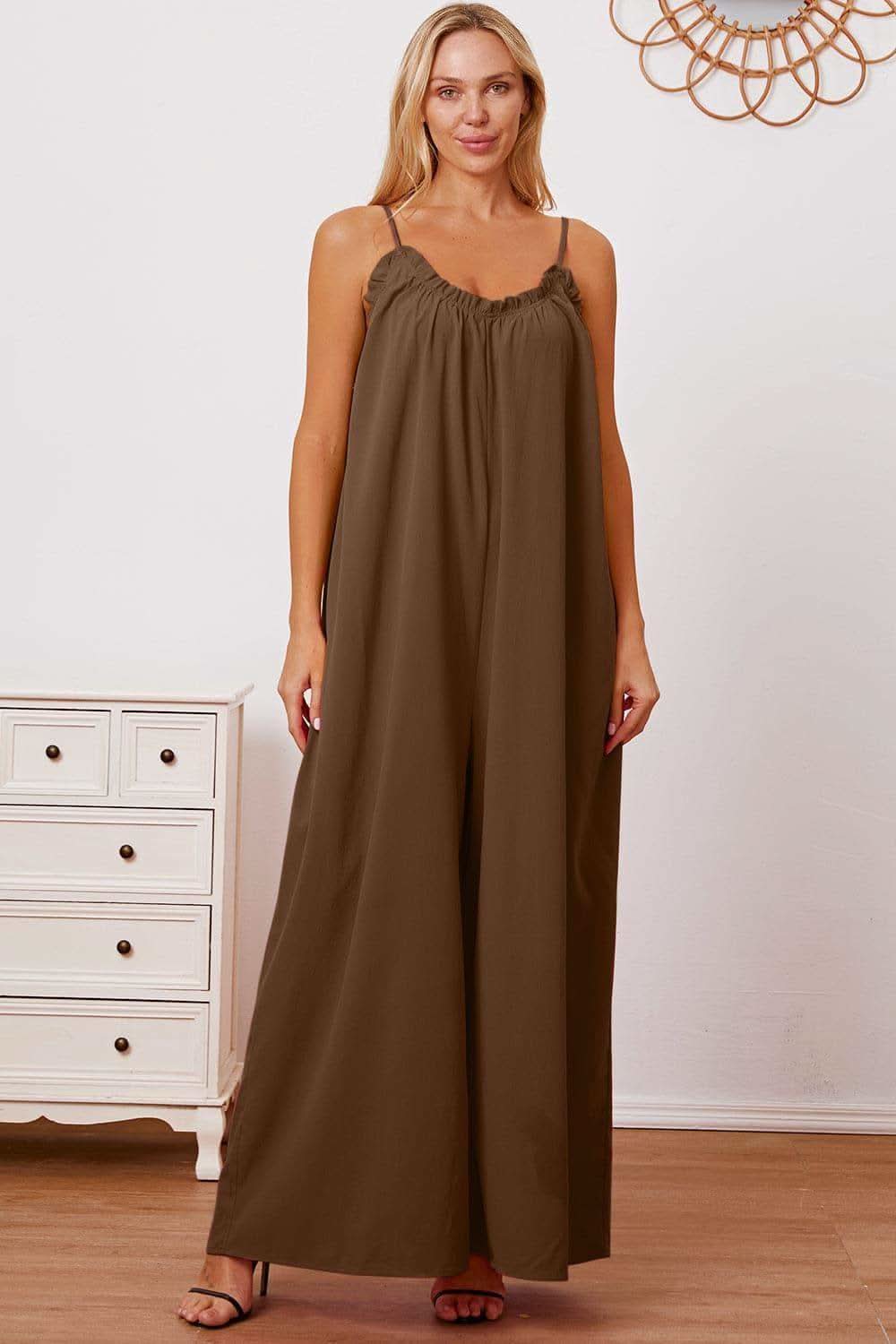Double Take Full Size Ruffle Trim Tie Back Cami Jumpsuit with Pockets in Coffee Brown - Jumpsuits & Rompers photo