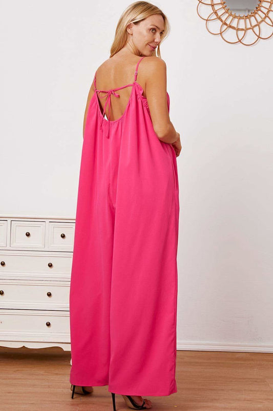 Double Take Full Size Ruffle Trim Tie Back Cami Jumpsuit with Pockets in - Jumpsuits & Rompers photo