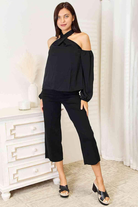 Double Take Grecian Cold Shoulder Long Sleeve Blouse in - Shirts & Tops photo