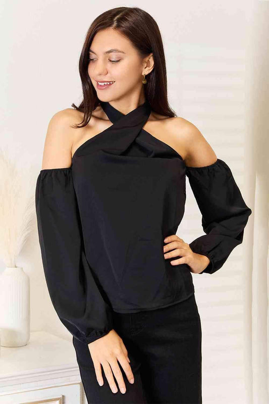 Double Take Grecian Cold Shoulder Long Sleeve Blouse in Black - Shirts & Tops photo