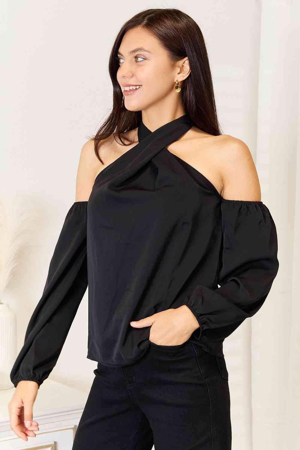 Double Take Grecian Cold Shoulder Long Sleeve Blouse - SwagglyLife Home & Fashion