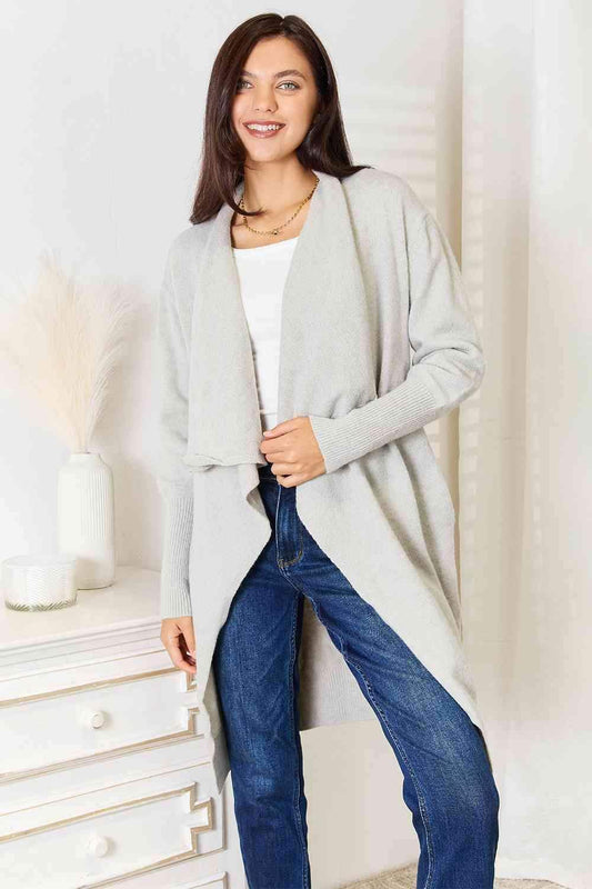 Double Take Open Front Duster Cardigan with Pockets in Light Gray - Shirts & Tops photo