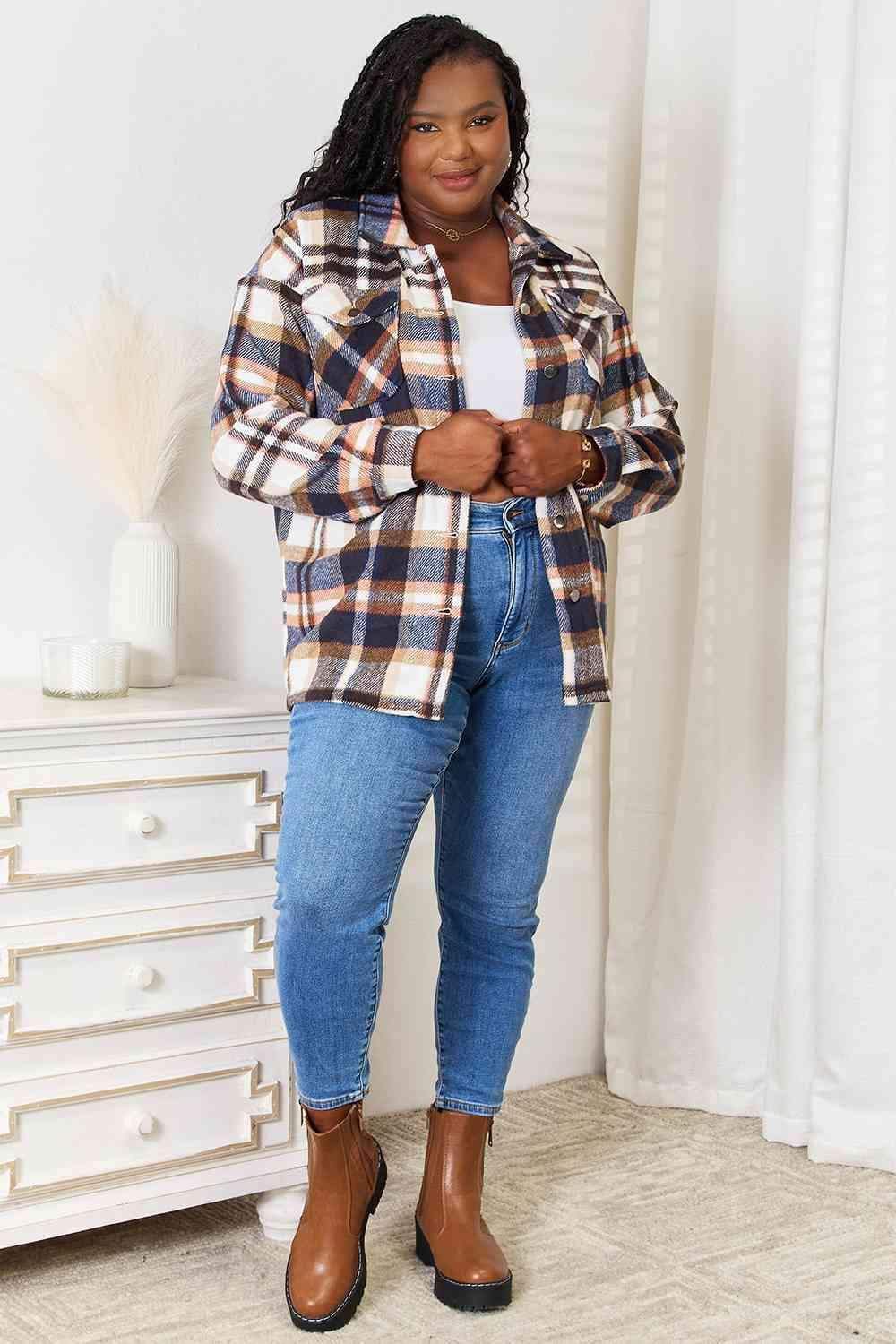 Double Take Plaid Button Front Shirt Jacket with Breast Pockets - SwagglyLife Home & Fashion