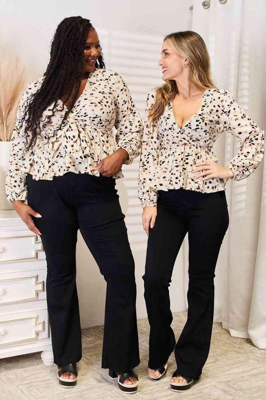 Double Take Printed Tied Plunge Peplum Blouse in - Shirts & Tops photo