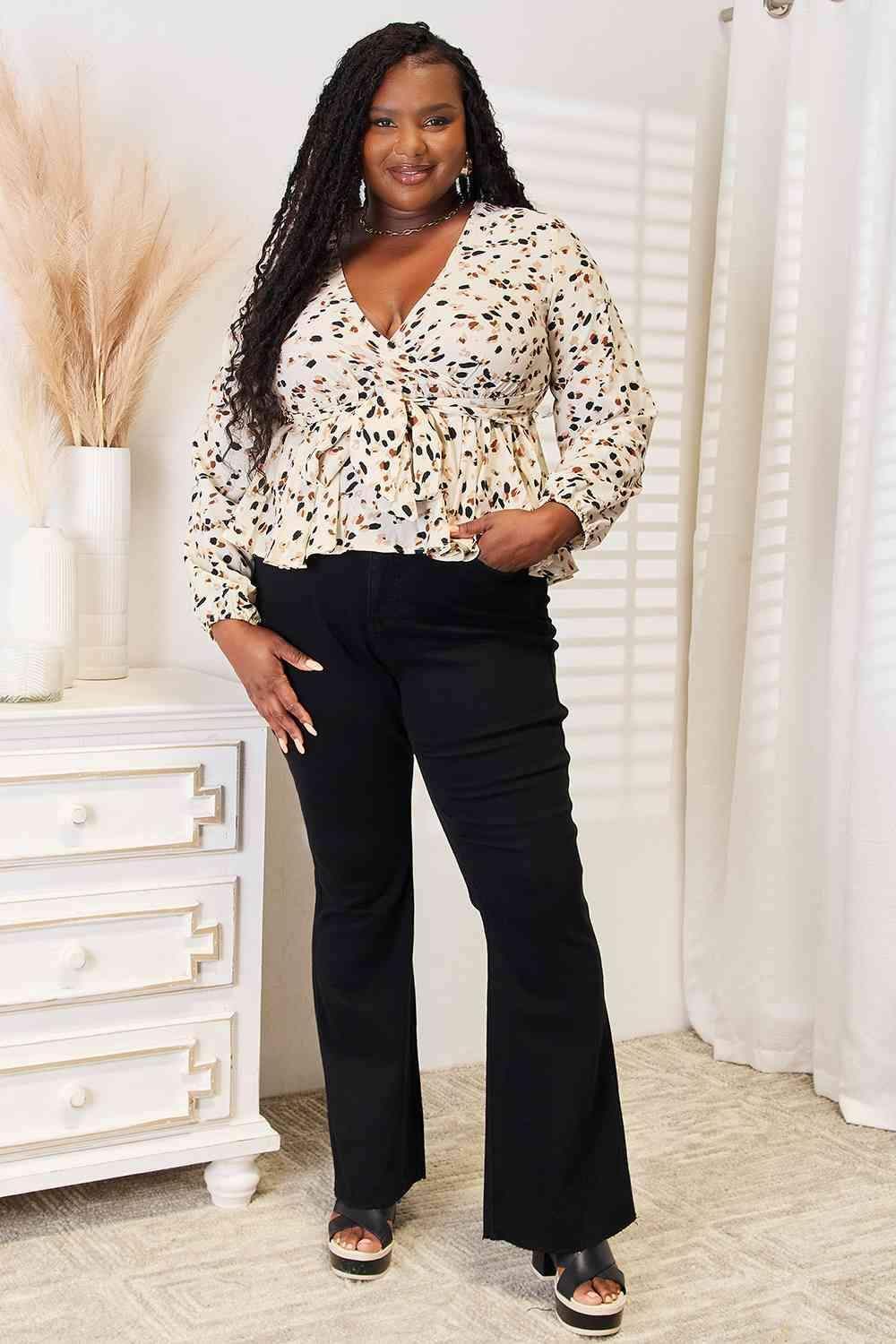 Double Take Printed Tied Plunge Peplum Blouse - SwagglyLife Home & Fashion