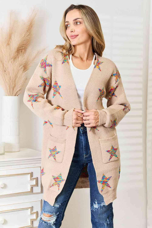 Double Take Star Pattern Open Front Longline Cardigan in Mocha - Shirts & Tops photo