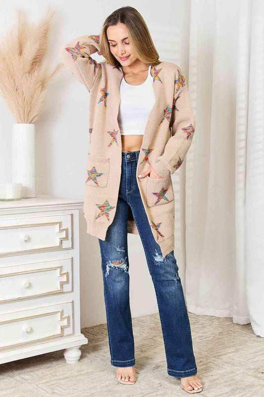 Double Take Star Pattern Open Front Longline Cardigan in - Shirts & Tops photo