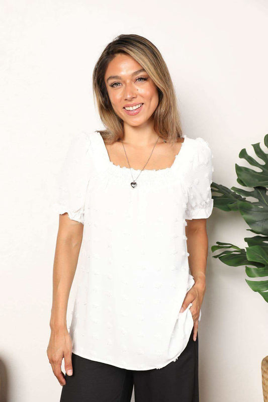 Double Take Swiss Dot Puff Sleeve Square Neck Blouse in White - photo