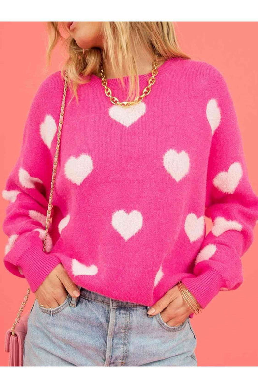 Dreamy Hearts Heart Round Neck Drop Shoulder Sweater in Fuchsia Pink - Shirts & Tops photo