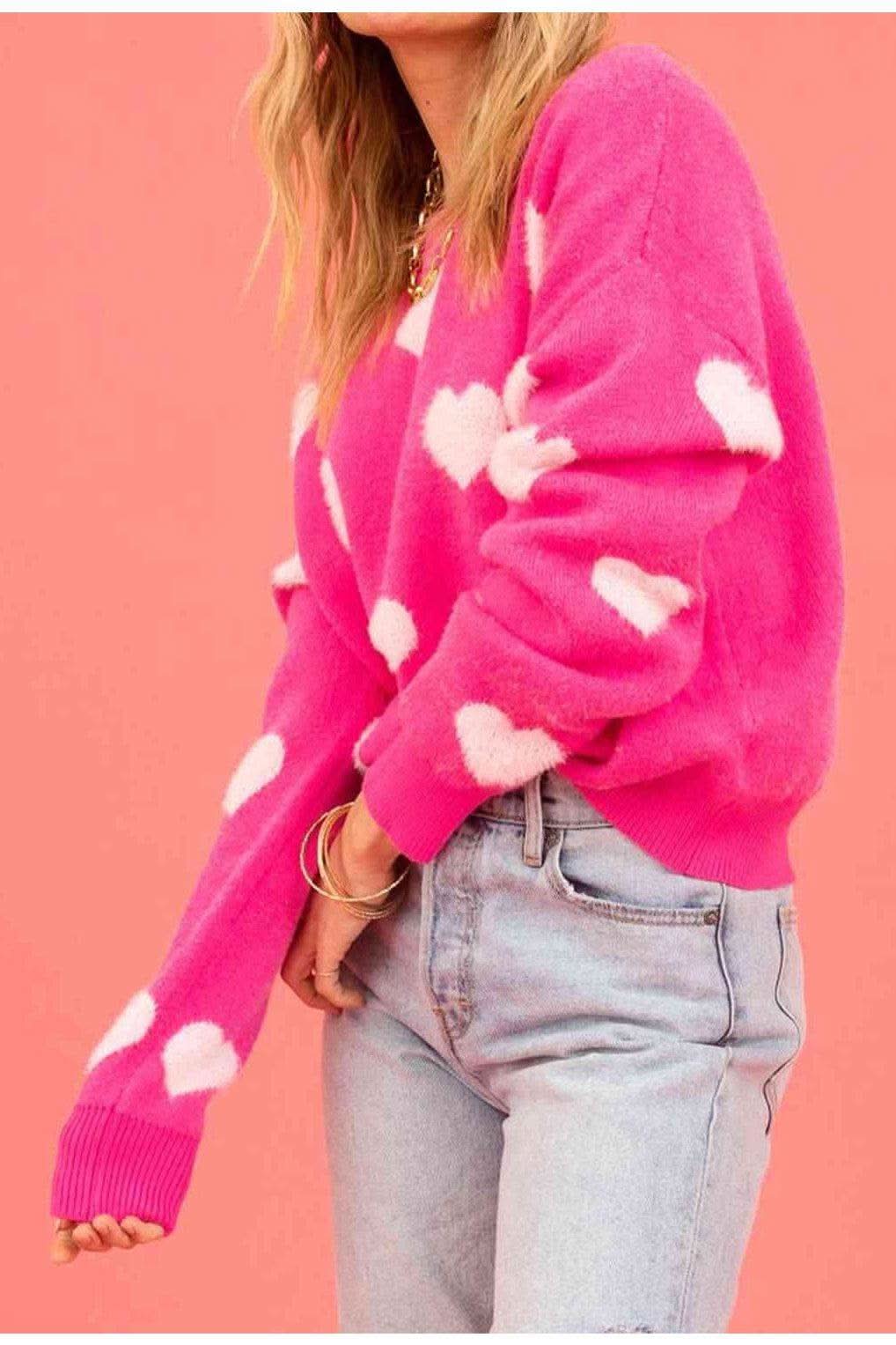 Dreamy Hearts Heart Round Neck Drop Shoulder Sweater - SwagglyLife Home & Fashion