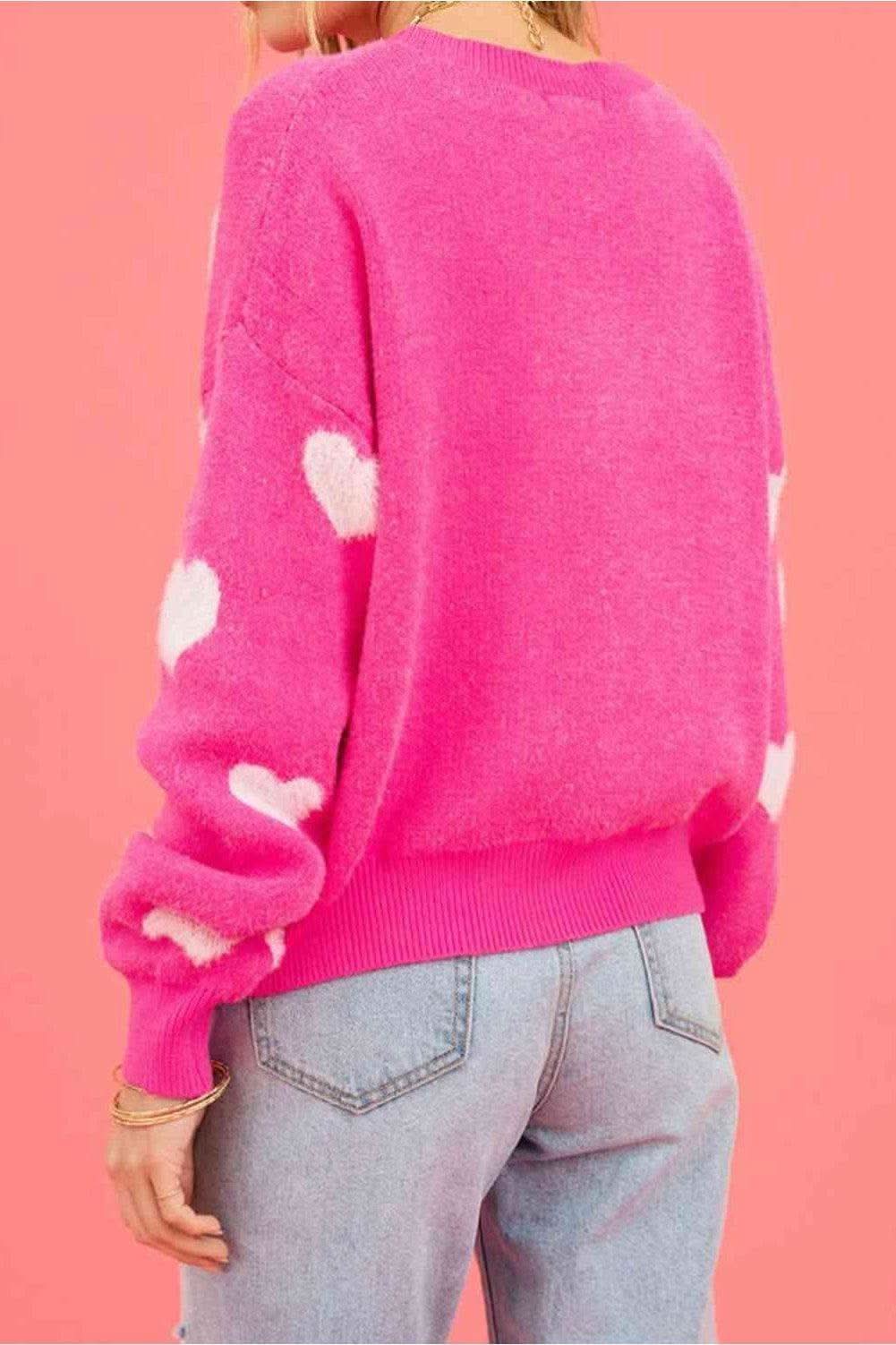 Dreamy Hearts Heart Round Neck Drop Shoulder Sweater - SwagglyLife Home & Fashion