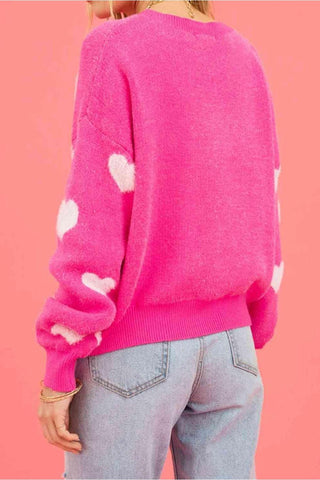 Dreamy Hearts Heart Round Neck Drop Shoulder Sweater - SwagglyLife Home & Fashion