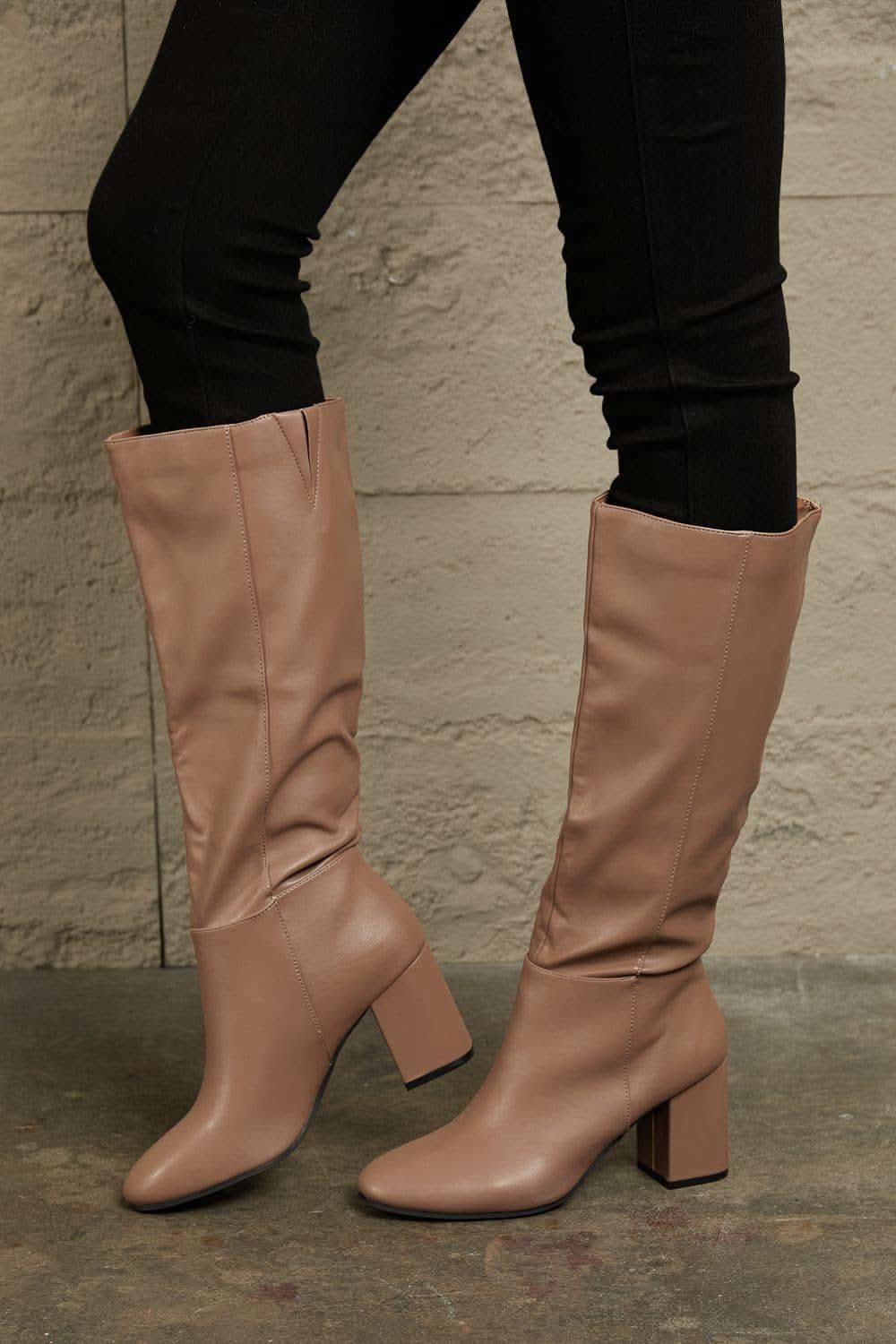 East Lion Corp Block Heel Knee High Boots, Mocha - SwagglyLife Home & Fashion