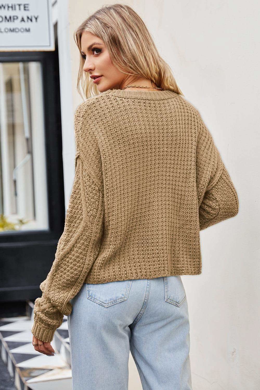 Cable-Knit Round Neck Dropped Shoulder Sweater, Camel - SwagglyLife Home & Fashion