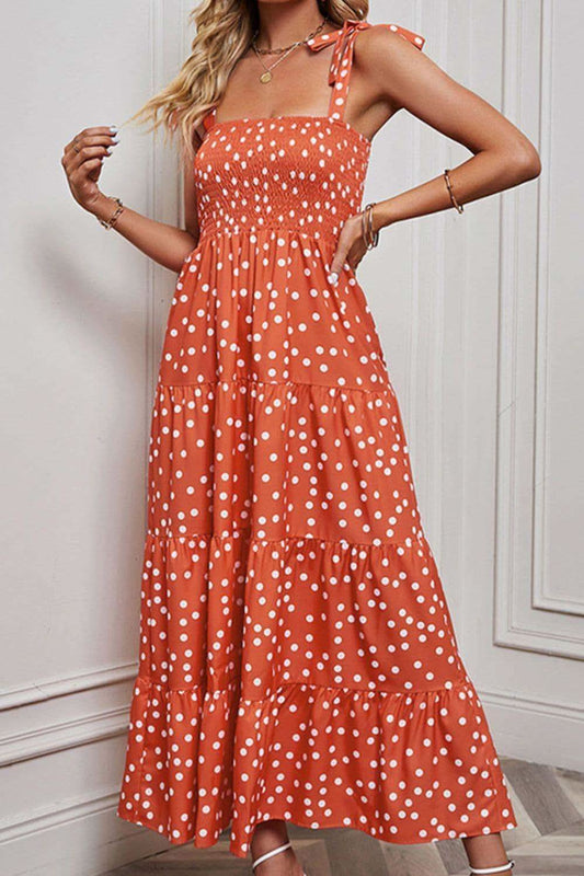 Ella Polka Dot Smocked Tiered Sleeveless Dress in Orange - Dresses photo