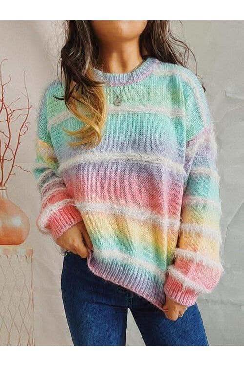 Elliot Mae Striped Round Neck Long Sleeve Sweater in Multicolor One Size - Shirts & Tops photo