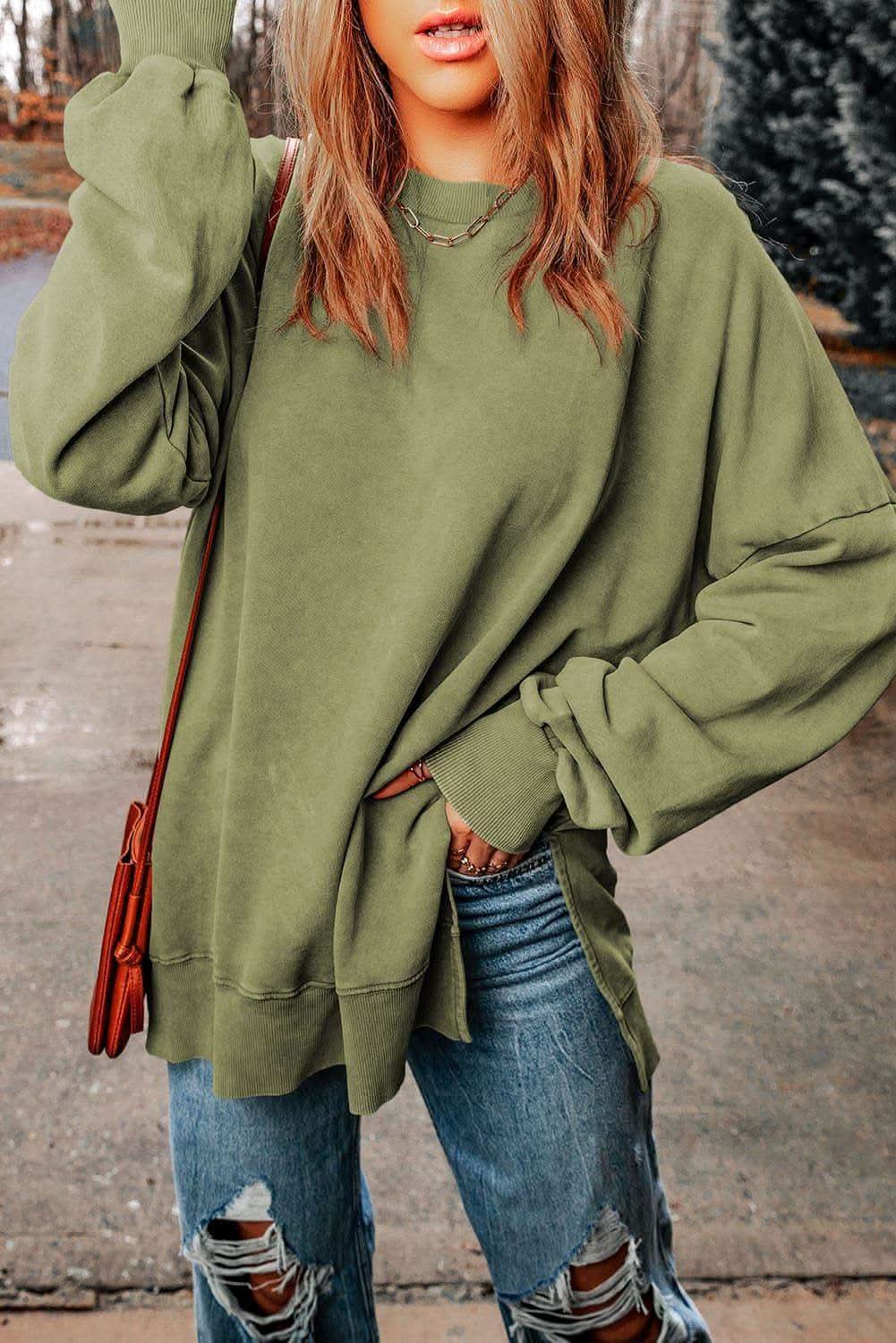 Dropped Shoulder Round Neck Long Sleeve Blouse - SwagglyLife Home & Fashion