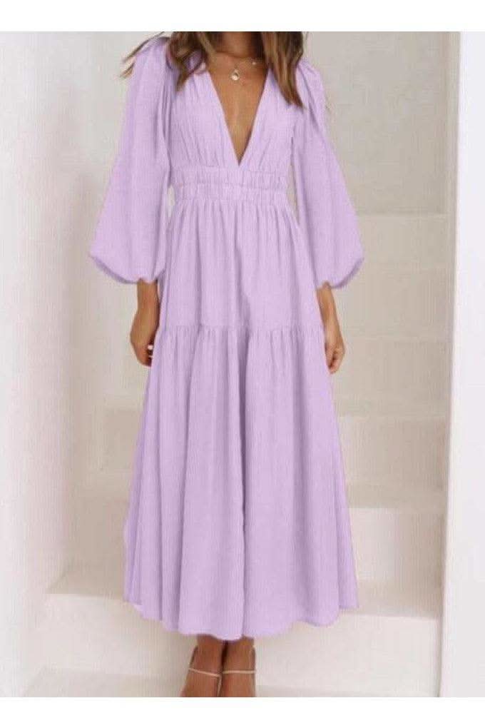 Feeling Myself Deep V-Neck Balloon Sleeve Plain Maxi Dress - SwagglyLife Home & Fashion