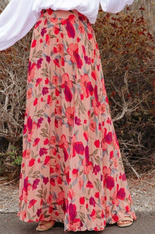 Flower Path Printed Elastic Waist Pleated Maxi Skirt in Strawberry - Skirts photo